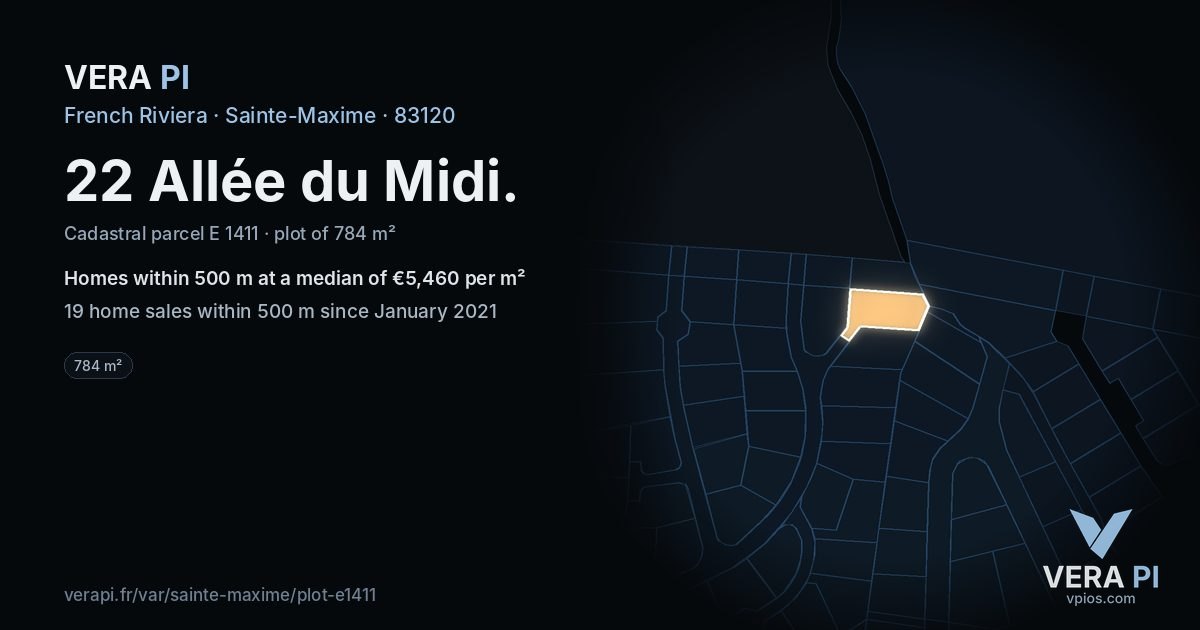 22 Allée du Midi, Sainte-Maxime at night – the plot lit, the parcels around coloured by the prices near them