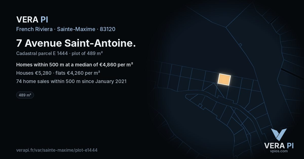 7 Avenue Saint-Antoine, Sainte-Maxime at night – the plot lit, the parcels around coloured by the prices near them