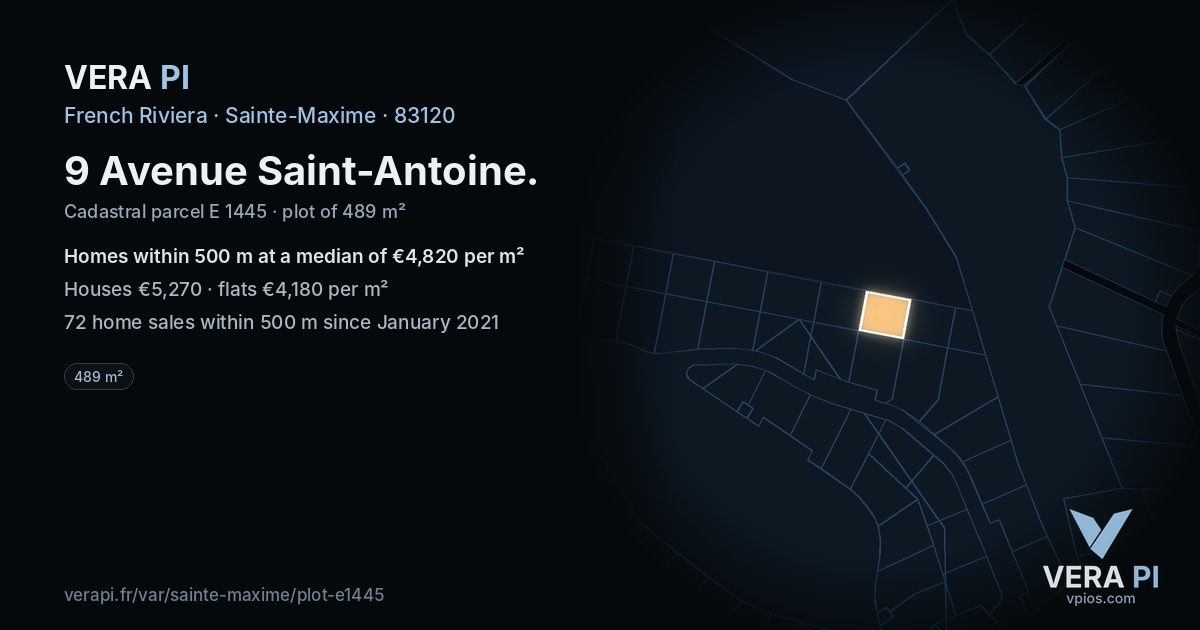 9 Avenue Saint-Antoine, Sainte-Maxime at night – the plot lit, the parcels around coloured by the prices near them
