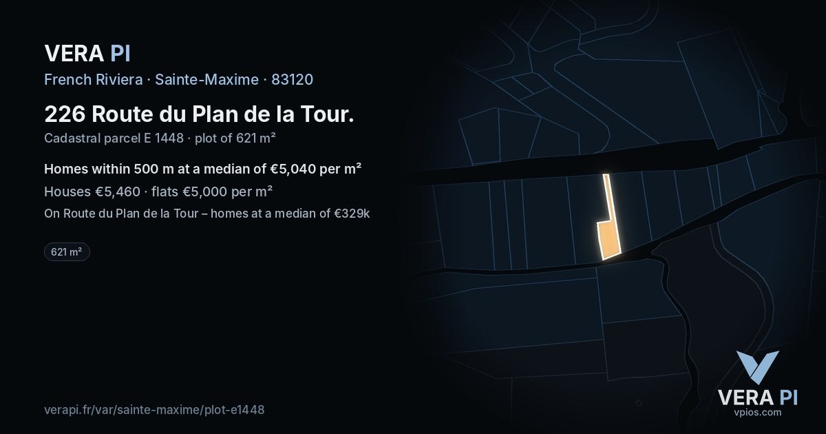 226 Route du Plan de la Tour, Sainte-Maxime at night – the plot lit, the parcels around coloured by the prices near them