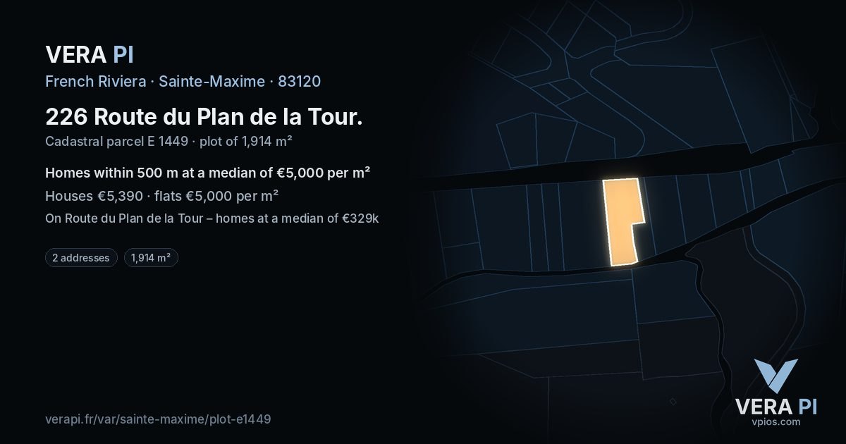 226 Route du Plan de la Tour, Sainte-Maxime at night – the plot lit, the parcels around coloured by the prices near them