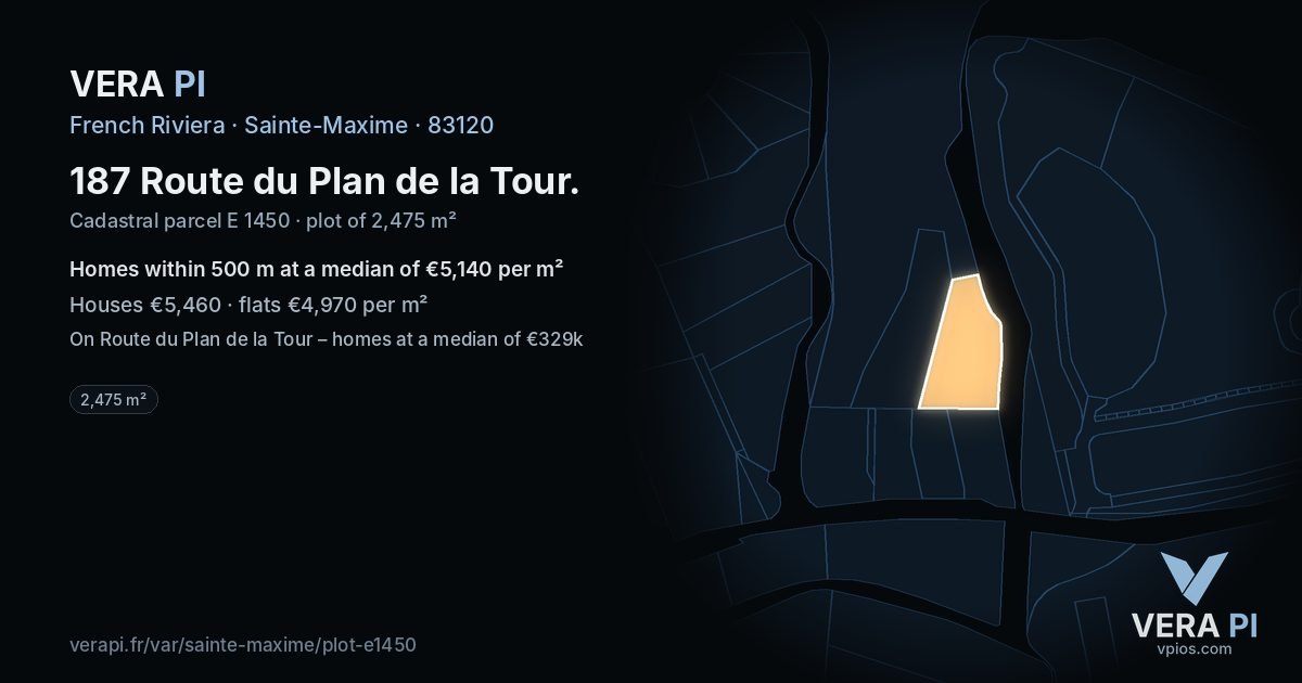 187 Route du Plan de la Tour, Sainte-Maxime at night – the plot lit, the parcels around coloured by the prices near them