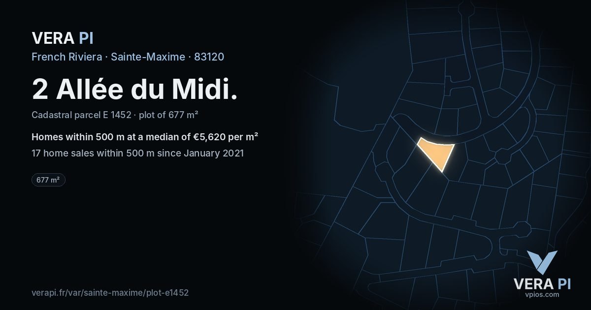 2 Allée du Midi, Sainte-Maxime at night – the plot lit, the parcels around coloured by the prices near them