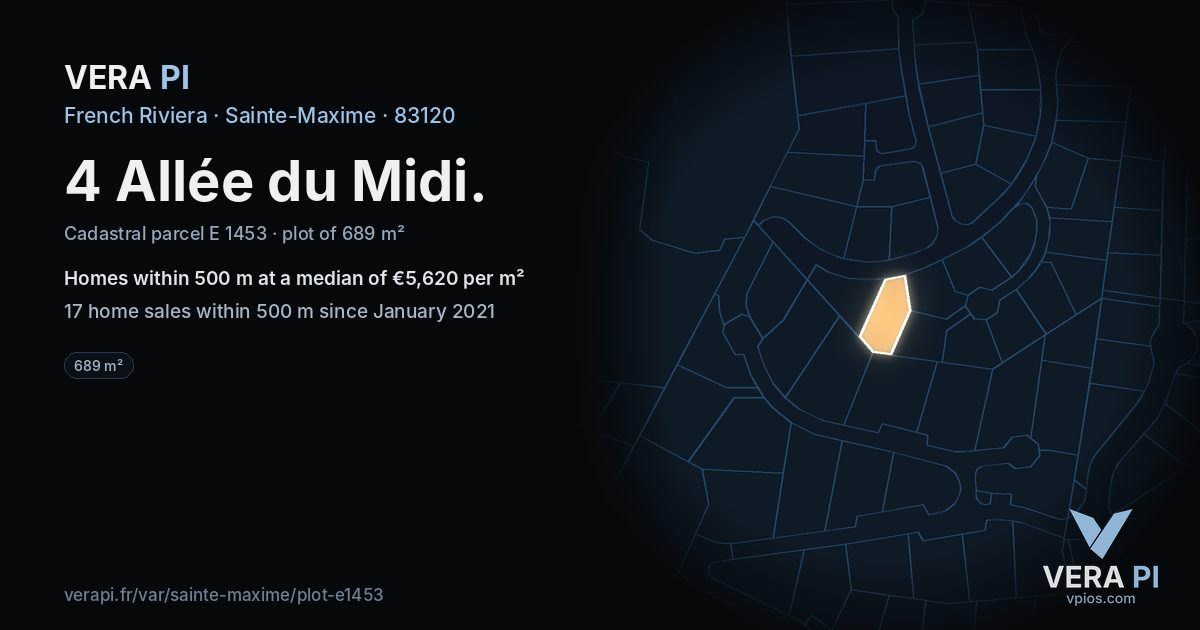 4 Allée du Midi, Sainte-Maxime at night – the plot lit, the parcels around coloured by the prices near them