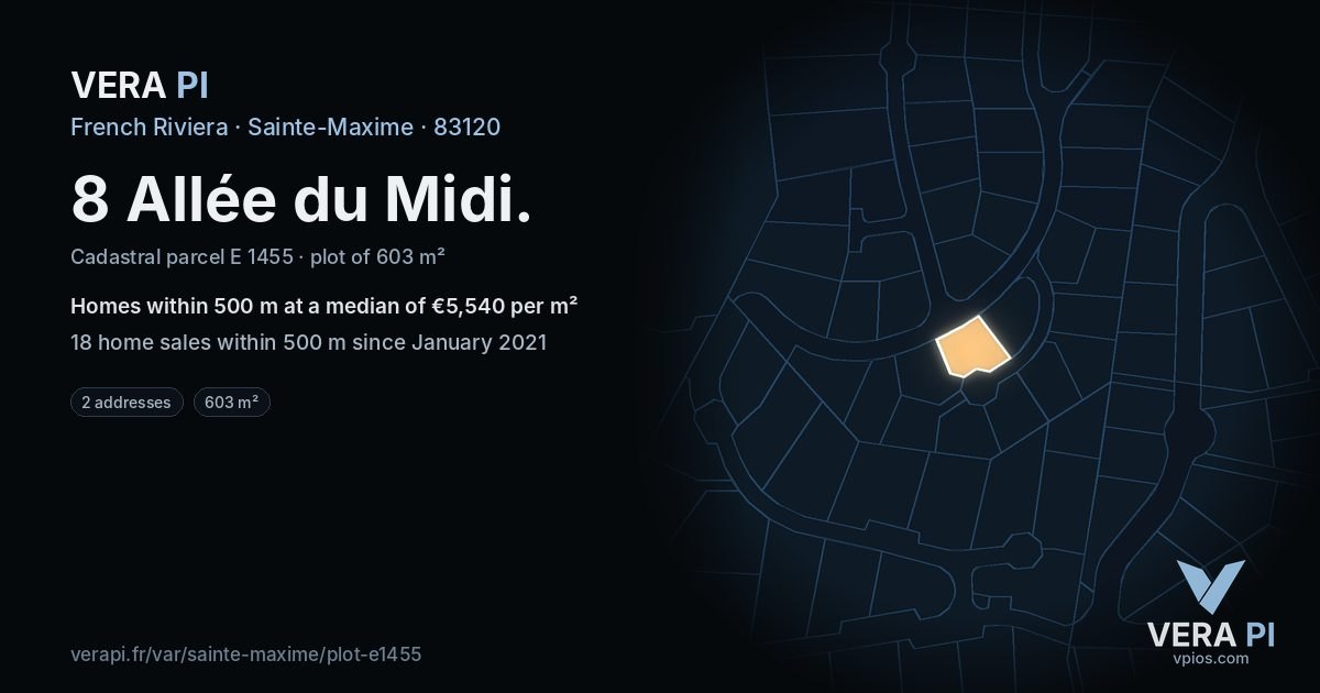 8 Allée du Midi, Sainte-Maxime at night – the plot lit, the parcels around coloured by the prices near them
