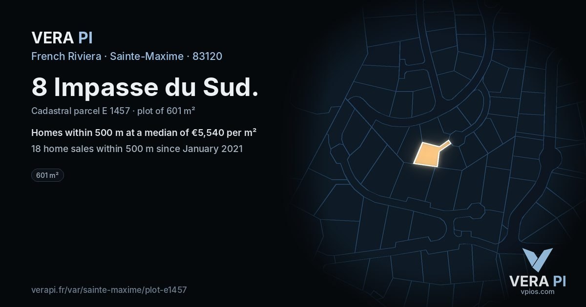 8 Impasse du Sud, Sainte-Maxime at night – the plot lit, the parcels around coloured by the prices near them