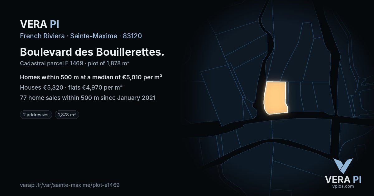 Boulevard des Bouillerettes, Sainte-Maxime at night – the plot lit, the parcels around coloured by the prices near them