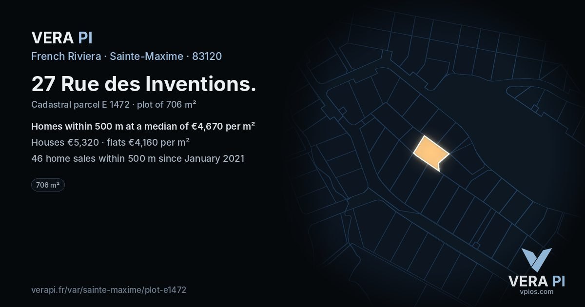 27 Rue des Inventions, Sainte-Maxime at night – the plot lit, the parcels around coloured by the prices near them