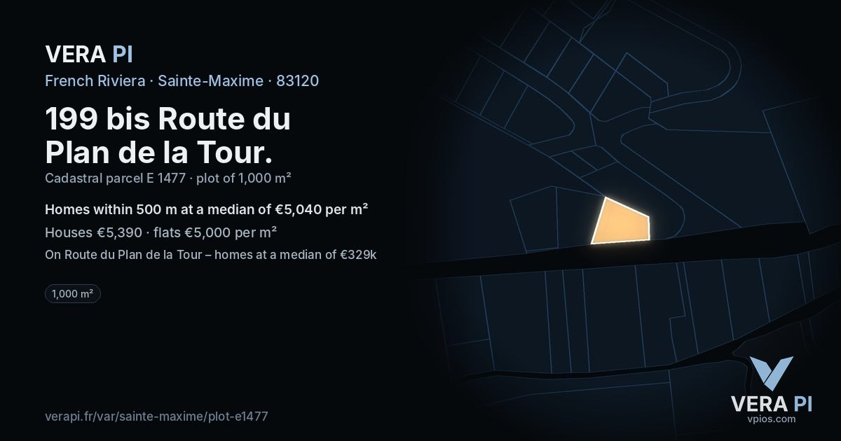 199 bis Route du Plan de la Tour, Sainte-Maxime at night – the plot lit, the parcels around coloured by the prices near them