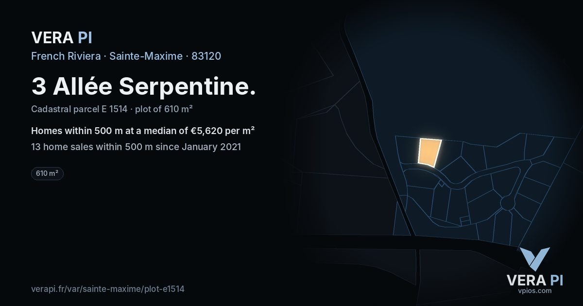 3 Allée Serpentine, Sainte-Maxime at night – the plot lit, the parcels around coloured by the prices near them