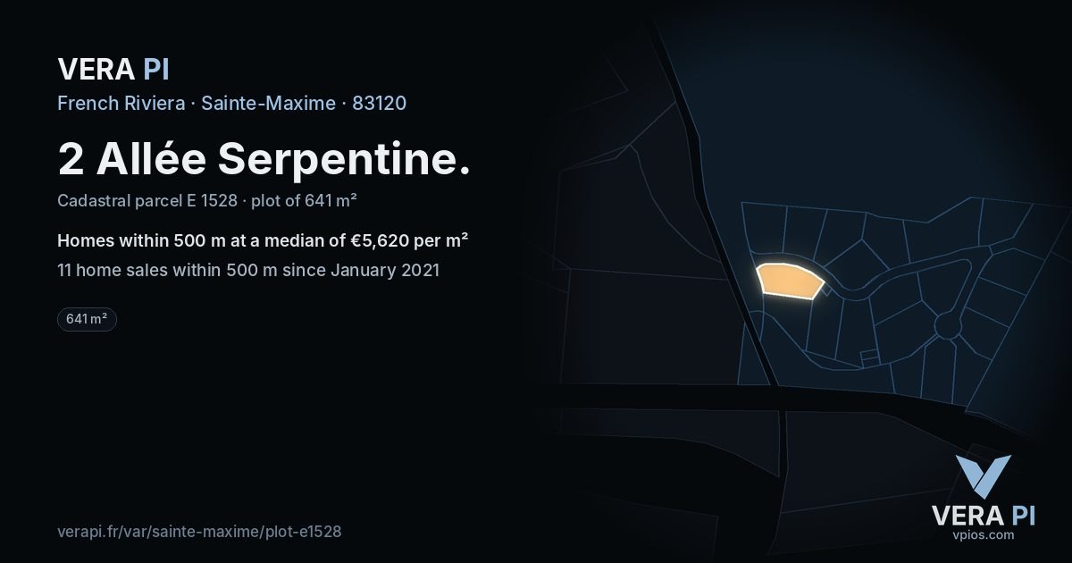 2 Allée Serpentine, Sainte-Maxime at night – the plot lit, the parcels around coloured by the prices near them