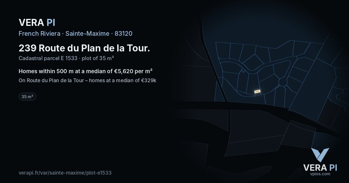 239 Route du Plan de la Tour, Sainte-Maxime at night – the plot lit, the parcels around coloured by the prices near them