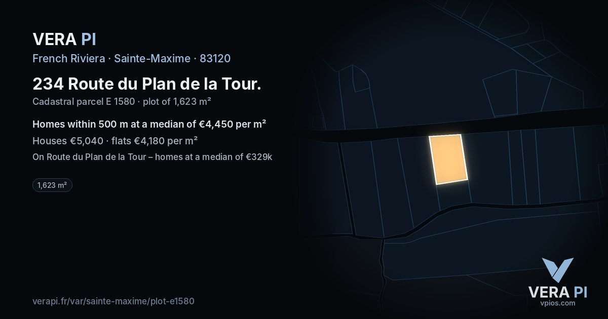 234 Route du Plan de la Tour, Sainte-Maxime at night – the plot lit, the parcels around coloured by the prices near them