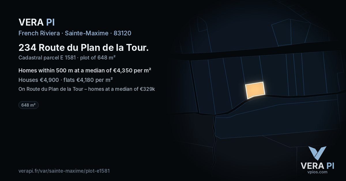 234 Route du Plan de la Tour, Sainte-Maxime at night – the plot lit, the parcels around coloured by the prices near them