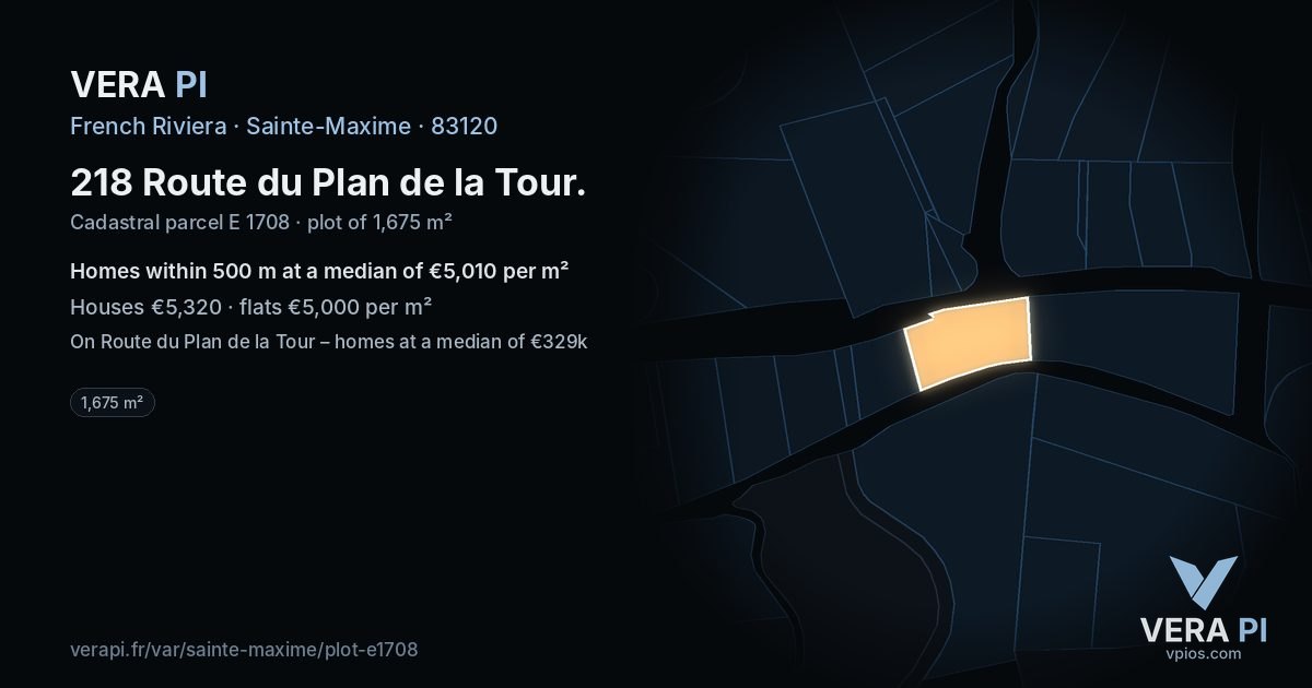 218 Route du Plan de la Tour, Sainte-Maxime at night – the plot lit, the parcels around coloured by the prices near them