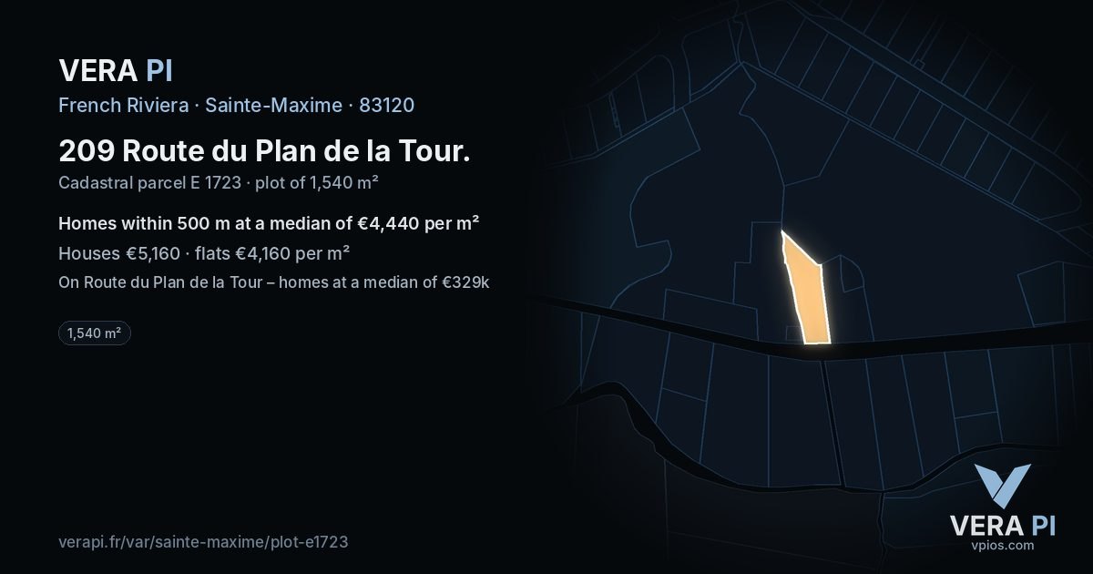 209 Route du Plan de la Tour, Sainte-Maxime at night – the plot lit, the parcels around coloured by the prices near them