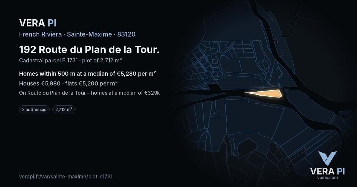192 Route du Plan de la Tour, Sainte-Maxime at night – the plot lit, the parcels around coloured by the prices near them