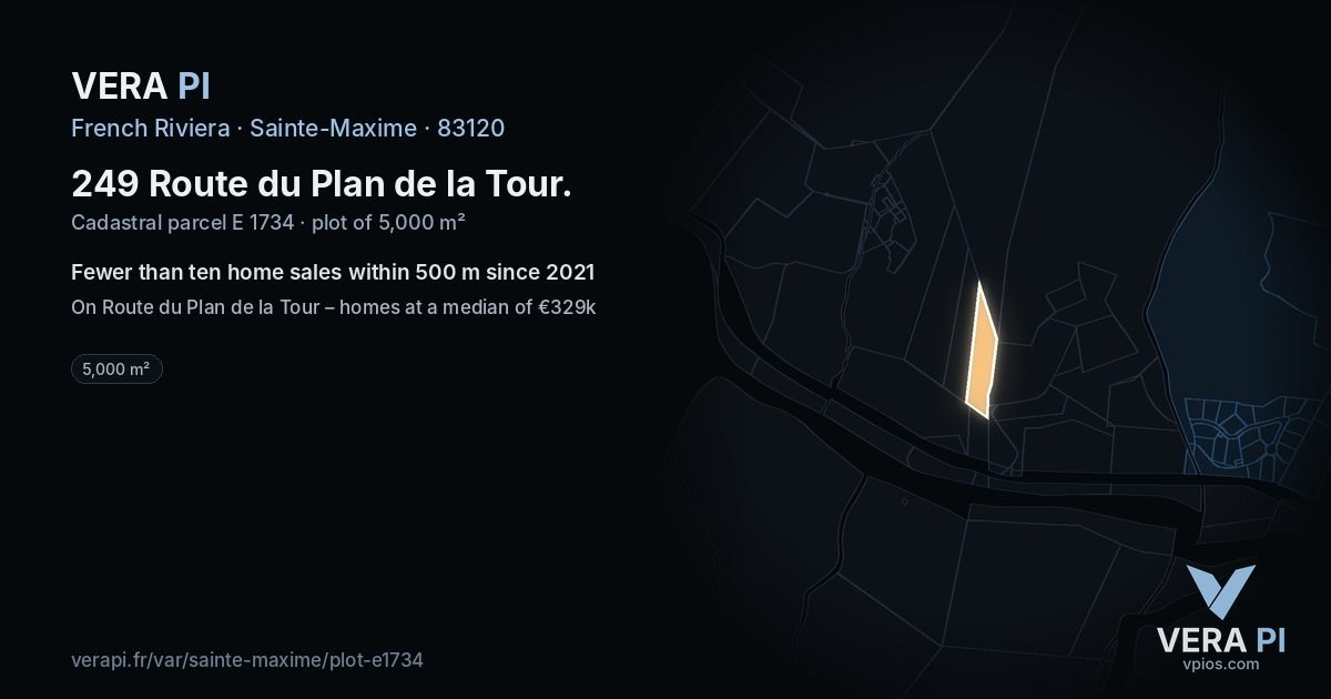 249 Route du Plan de la Tour, Sainte-Maxime at night – the plot lit, the parcels around coloured by the prices near them