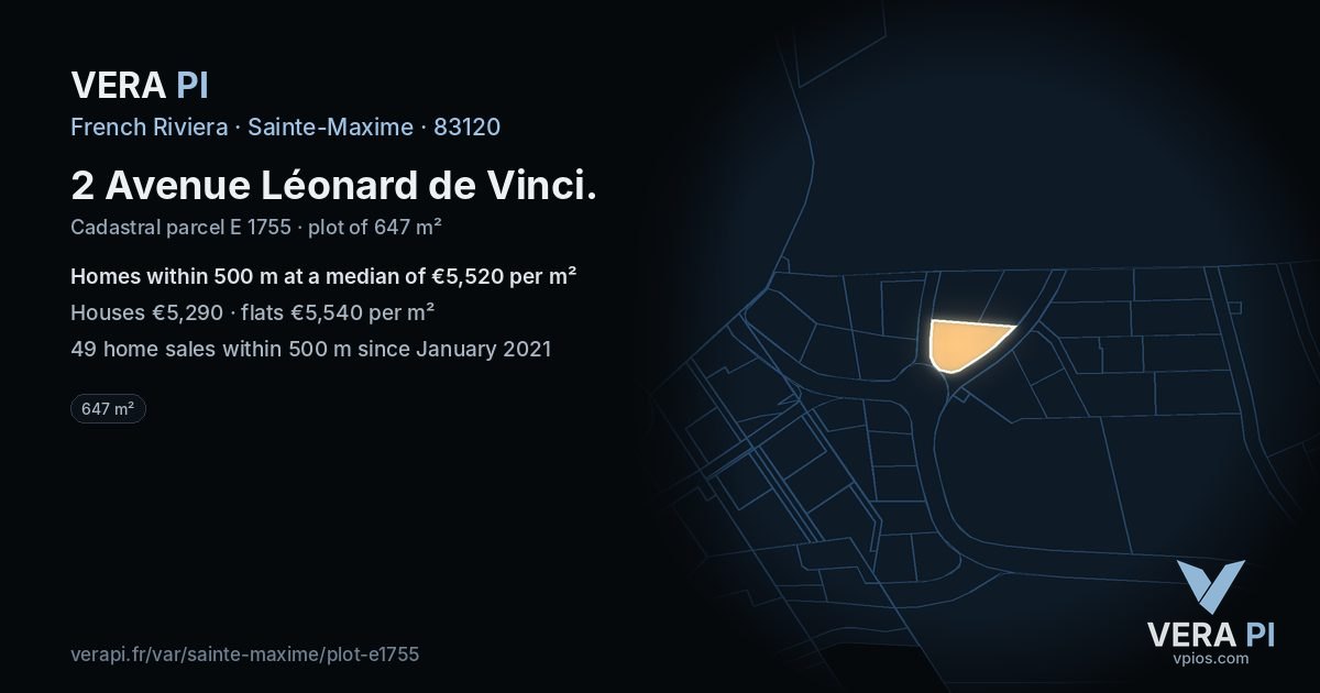2 Avenue Léonard de Vinci, Sainte-Maxime at night – the plot lit, the parcels around coloured by the prices near them