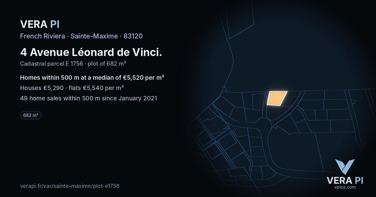 4 Avenue Léonard de Vinci, Sainte-Maxime at night – the plot lit, the parcels around coloured by the prices near them