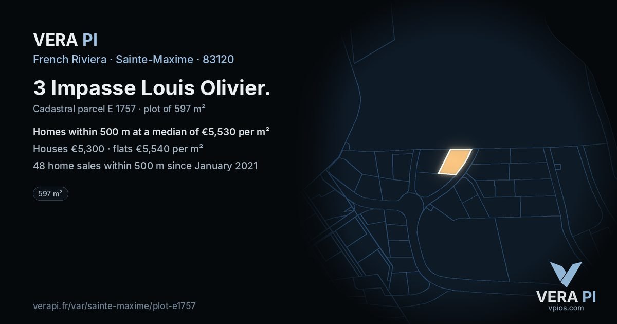 3 Impasse Louis Olivier, Sainte-Maxime at night – the plot lit, the parcels around coloured by the prices near them