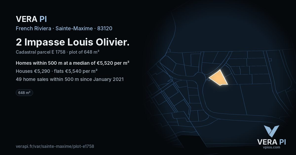 2 Impasse Louis Olivier, Sainte-Maxime at night – the plot lit, the parcels around coloured by the prices near them