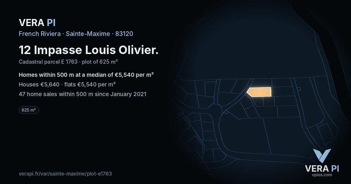 12 Impasse Louis Olivier, Sainte-Maxime at night – the plot lit, the parcels around coloured by the prices near them