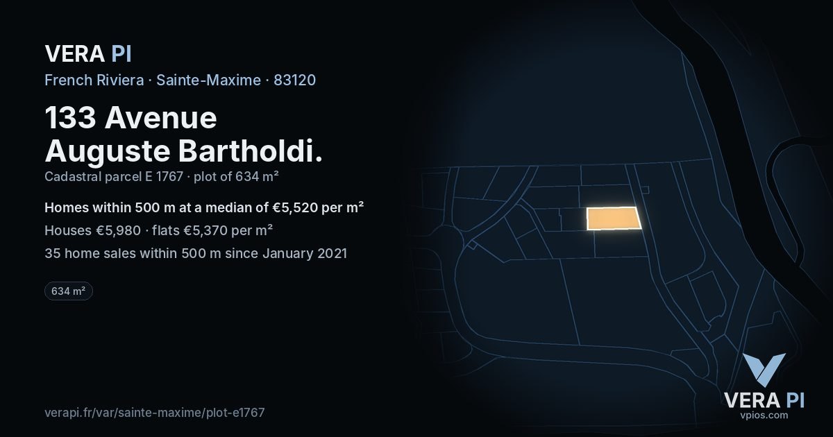 133 Avenue Auguste Bartholdi, Sainte-Maxime at night – the plot lit, the parcels around coloured by the prices near them