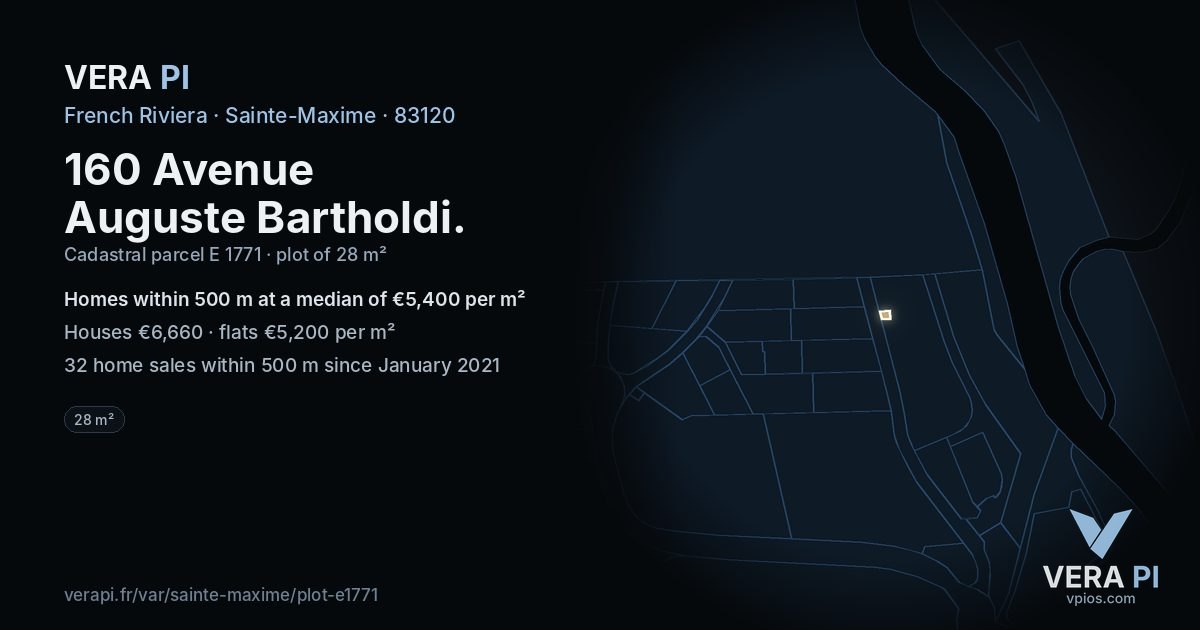 160 Avenue Auguste Bartholdi, Sainte-Maxime at night – the plot lit, the parcels around coloured by the prices near them