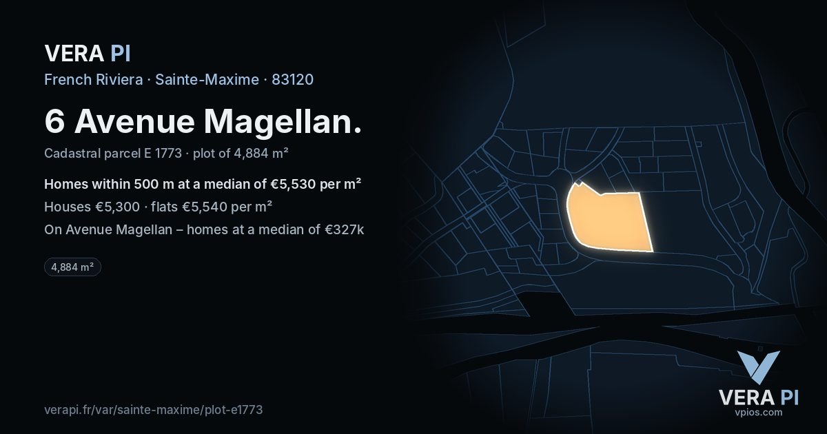 6 Avenue Magellan, Sainte-Maxime at night – the plot lit, the parcels around coloured by the prices near them