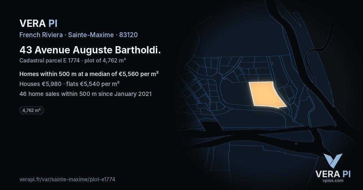 43 Avenue Auguste Bartholdi, Sainte-Maxime at night – the plot lit, the parcels around coloured by the prices near them