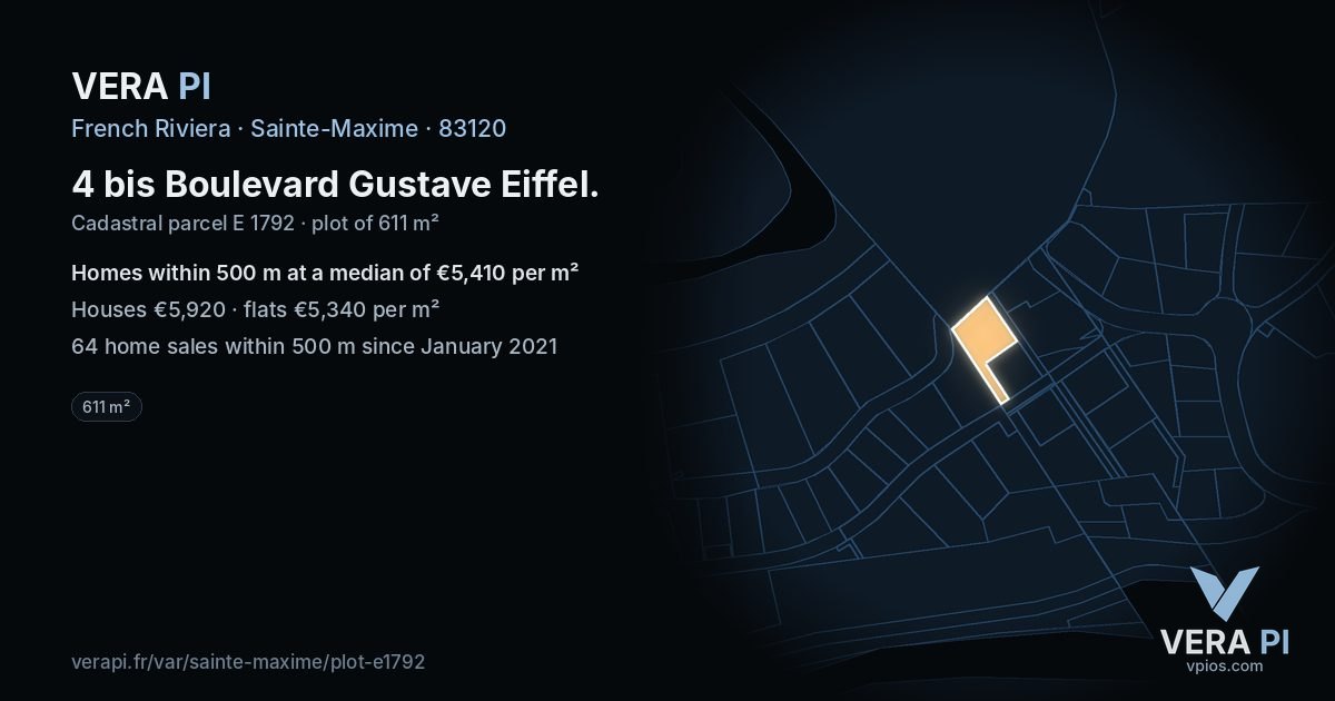 4 bis Boulevard Gustave Eiffel, Sainte-Maxime at night – the plot lit, the parcels around coloured by the prices near them