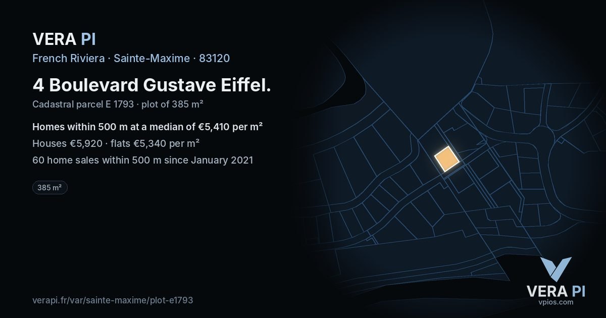4 Boulevard Gustave Eiffel, Sainte-Maxime at night – the plot lit, the parcels around coloured by the prices near them
