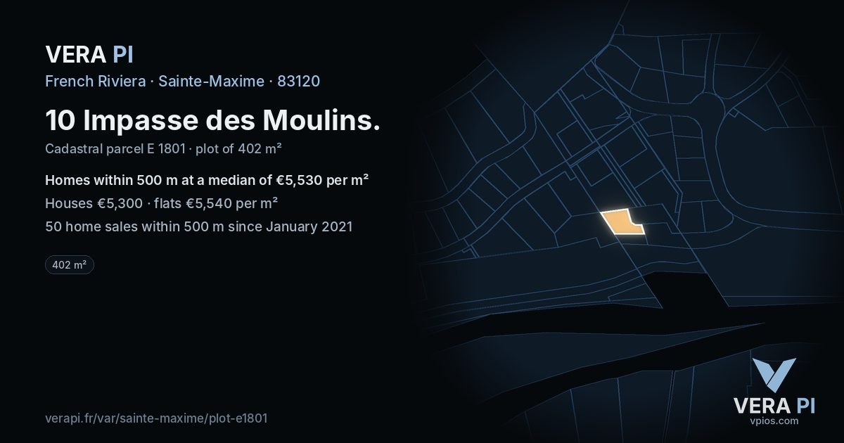 10 Impasse des Moulins, Sainte-Maxime at night – the plot lit, the parcels around coloured by the prices near them