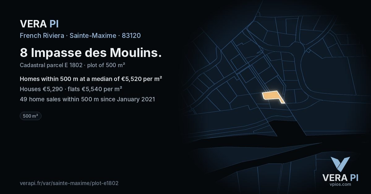 8 Impasse des Moulins, Sainte-Maxime at night – the plot lit, the parcels around coloured by the prices near them