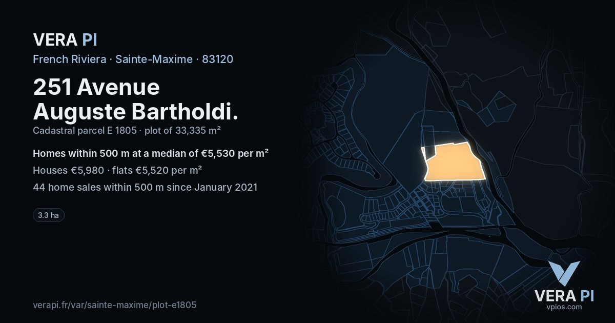 251 Avenue Auguste Bartholdi, Sainte-Maxime at night – the plot lit, the parcels around coloured by the prices near them