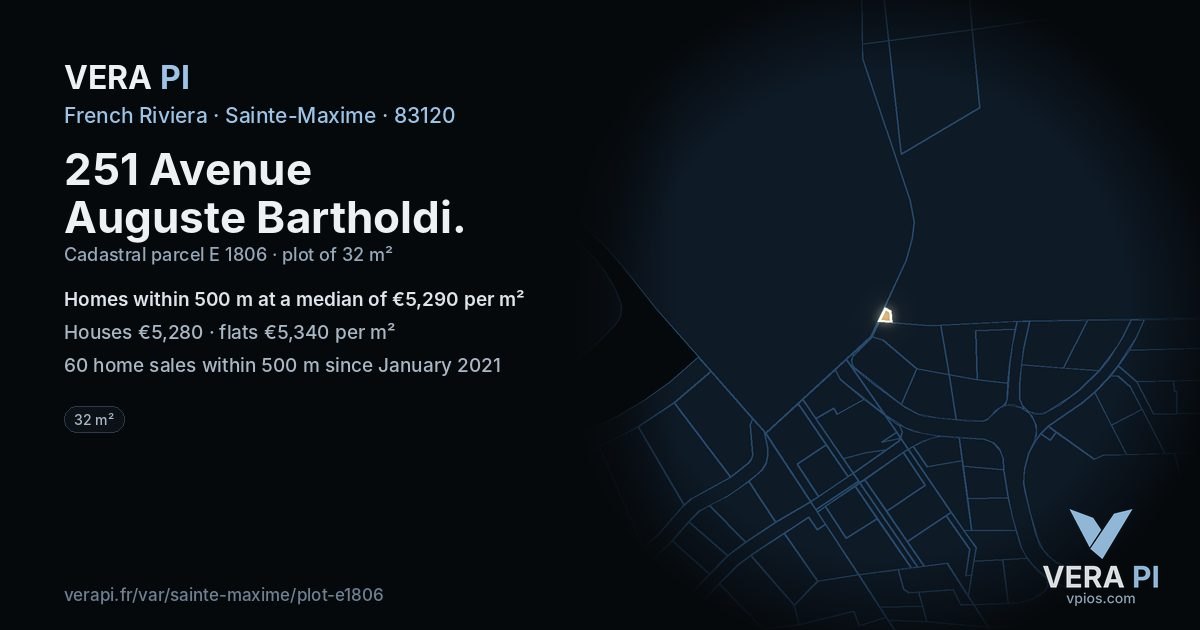 251 Avenue Auguste Bartholdi, Sainte-Maxime at night – the plot lit, the parcels around coloured by the prices near them