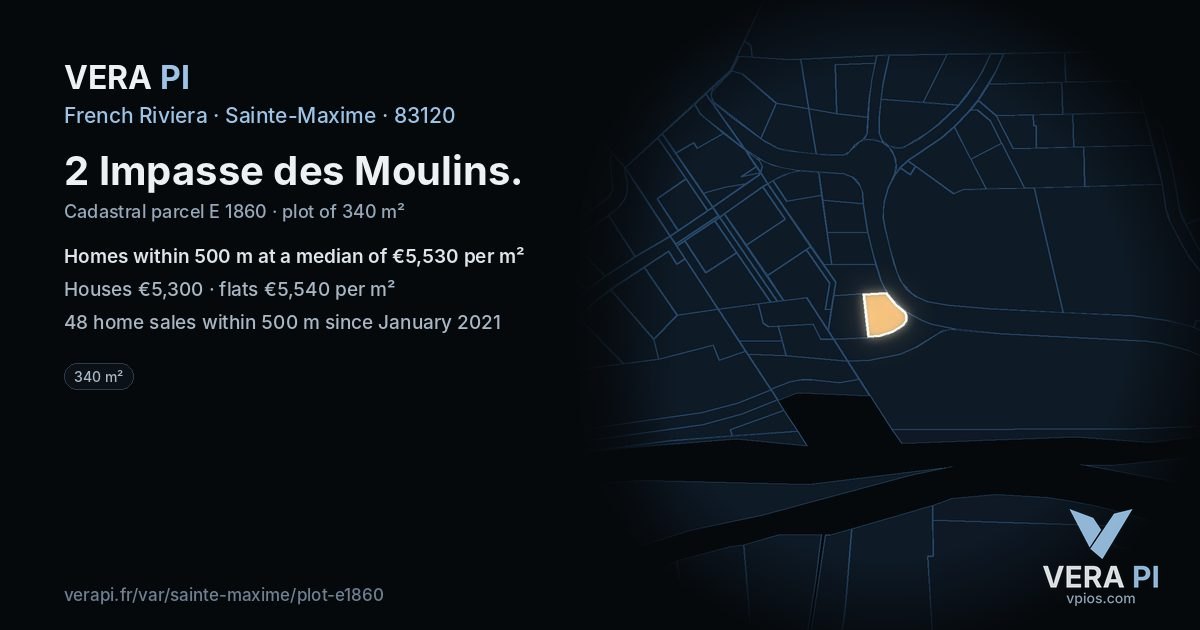 2 Impasse des Moulins, Sainte-Maxime at night – the plot lit, the parcels around coloured by the prices near them