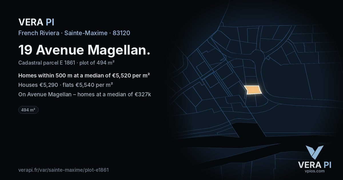 19 Avenue Magellan, Sainte-Maxime at night – the plot lit, the parcels around coloured by the prices near them