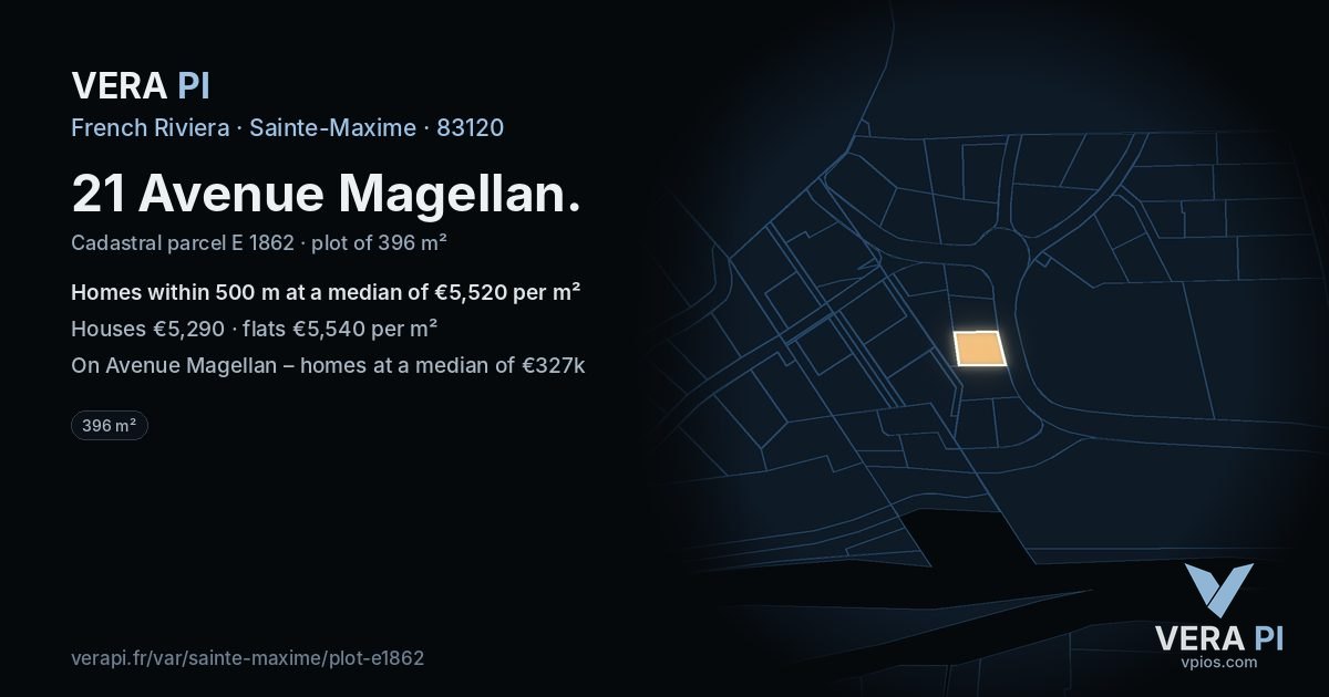 21 Avenue Magellan, Sainte-Maxime at night – the plot lit, the parcels around coloured by the prices near them