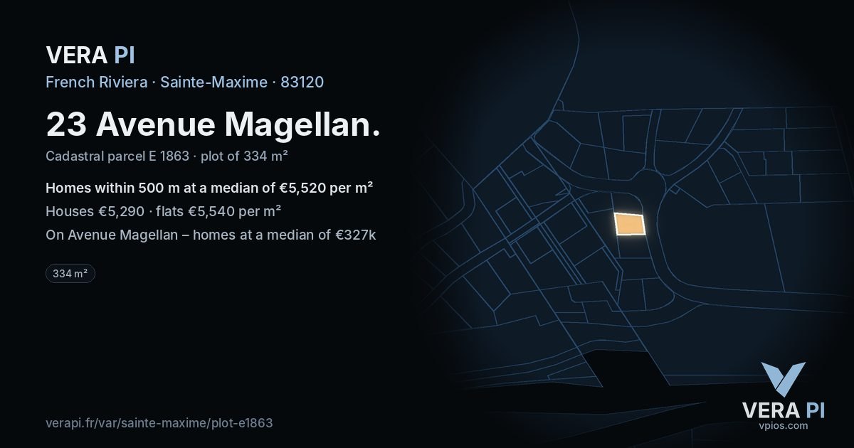 23 Avenue Magellan, Sainte-Maxime at night – the plot lit, the parcels around coloured by the prices near them