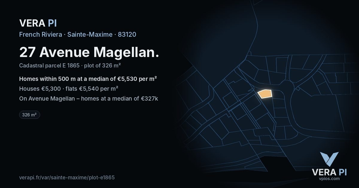 27 Avenue Magellan, Sainte-Maxime at night – the plot lit, the parcels around coloured by the prices near them