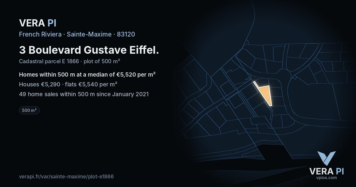 3 Boulevard Gustave Eiffel, Sainte-Maxime at night – the plot lit, the parcels around coloured by the prices near them