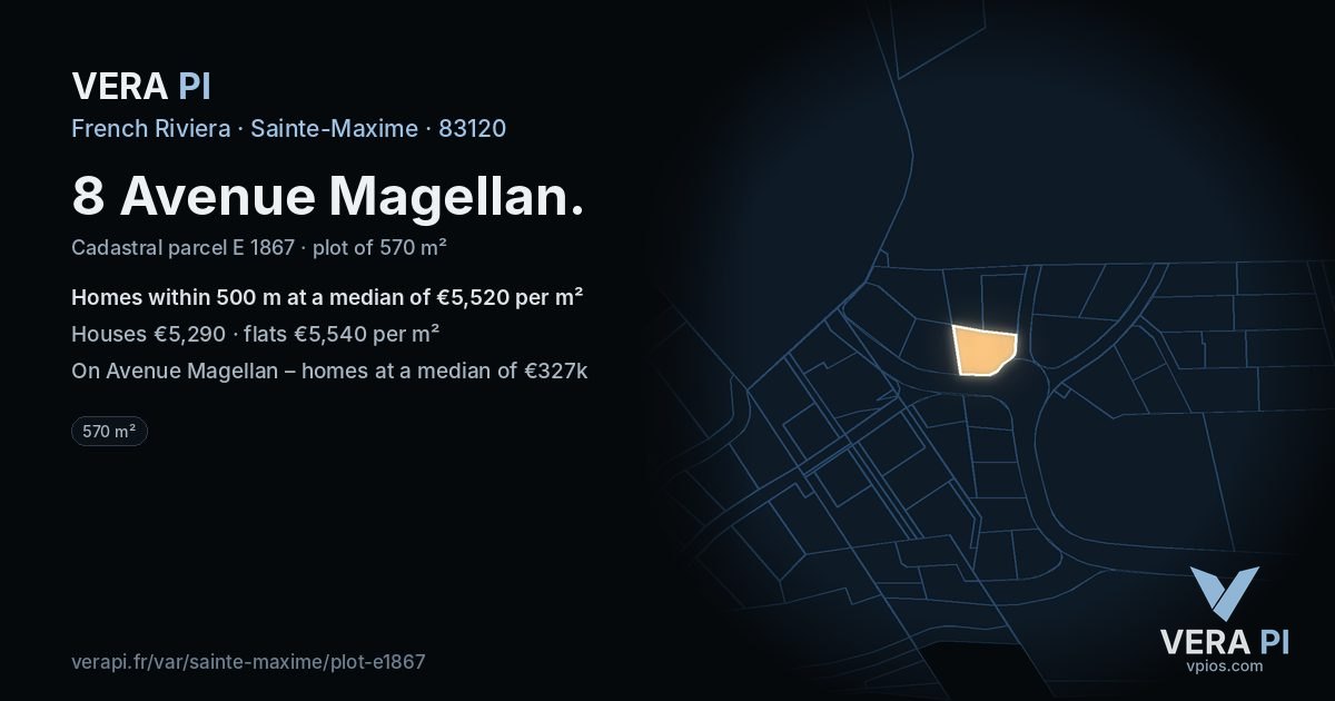 8 Avenue Magellan, Sainte-Maxime at night – the plot lit, the parcels around coloured by the prices near them