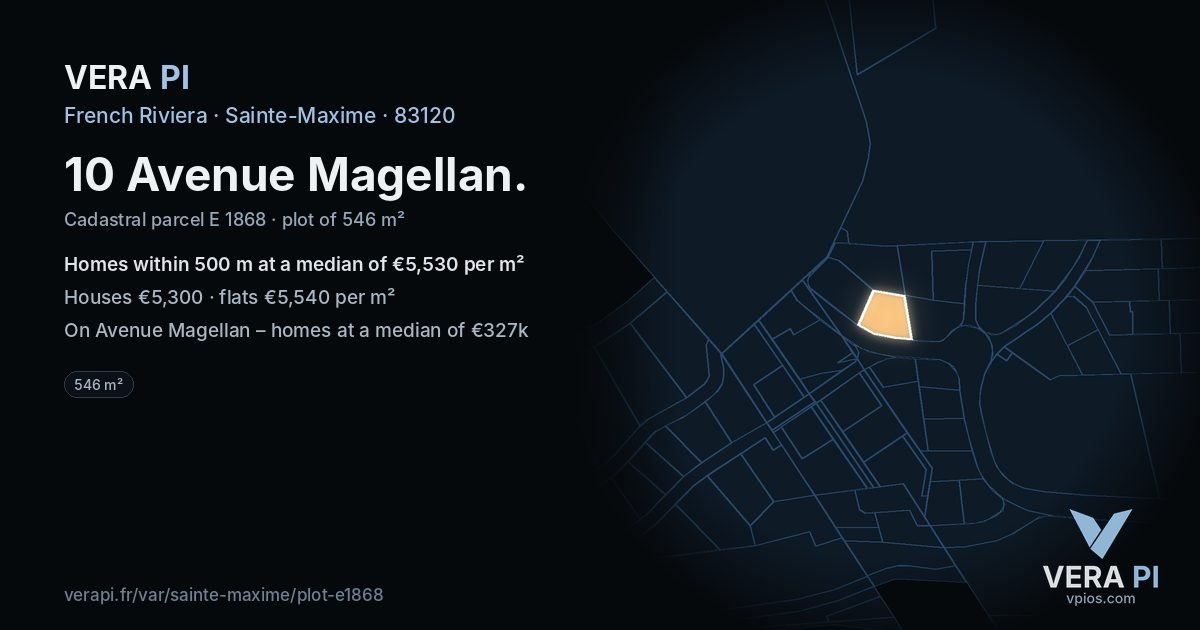 10 Avenue Magellan, Sainte-Maxime at night – the plot lit, the parcels around coloured by the prices near them