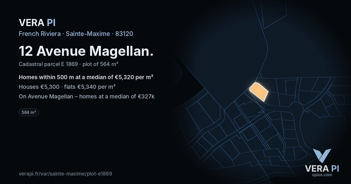 12 Avenue Magellan, Sainte-Maxime at night – the plot lit, the parcels around coloured by the prices near them