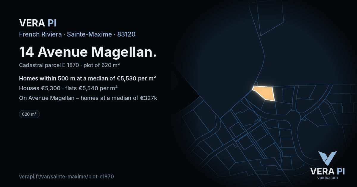14 Avenue Magellan, Sainte-Maxime at night – the plot lit, the parcels around coloured by the prices near them