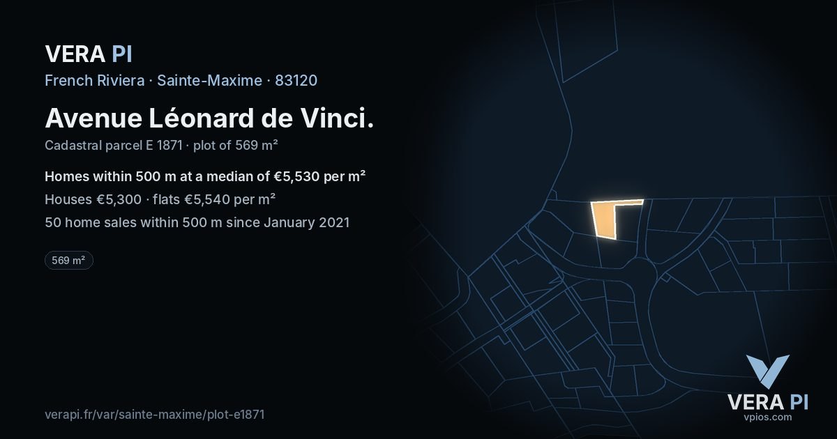 Avenue Léonard de Vinci, Sainte-Maxime at night – the plot lit, the parcels around coloured by the prices near them