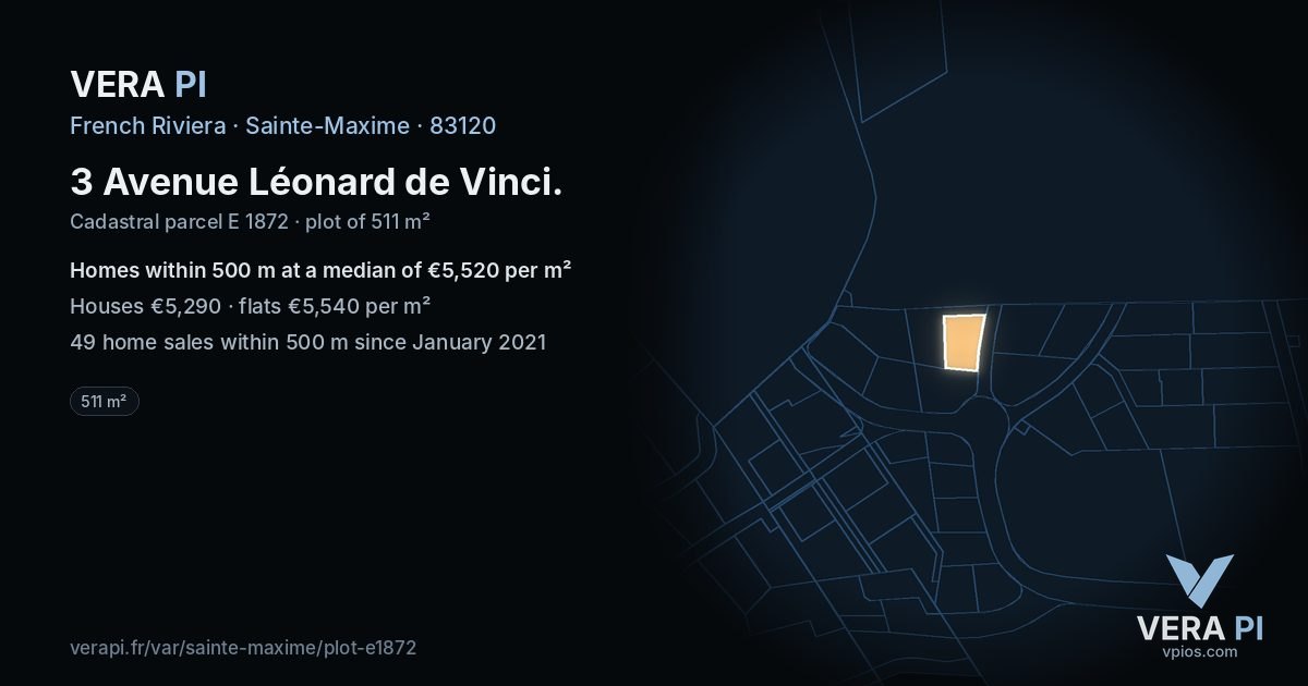3 Avenue Léonard de Vinci, Sainte-Maxime at night – the plot lit, the parcels around coloured by the prices near them