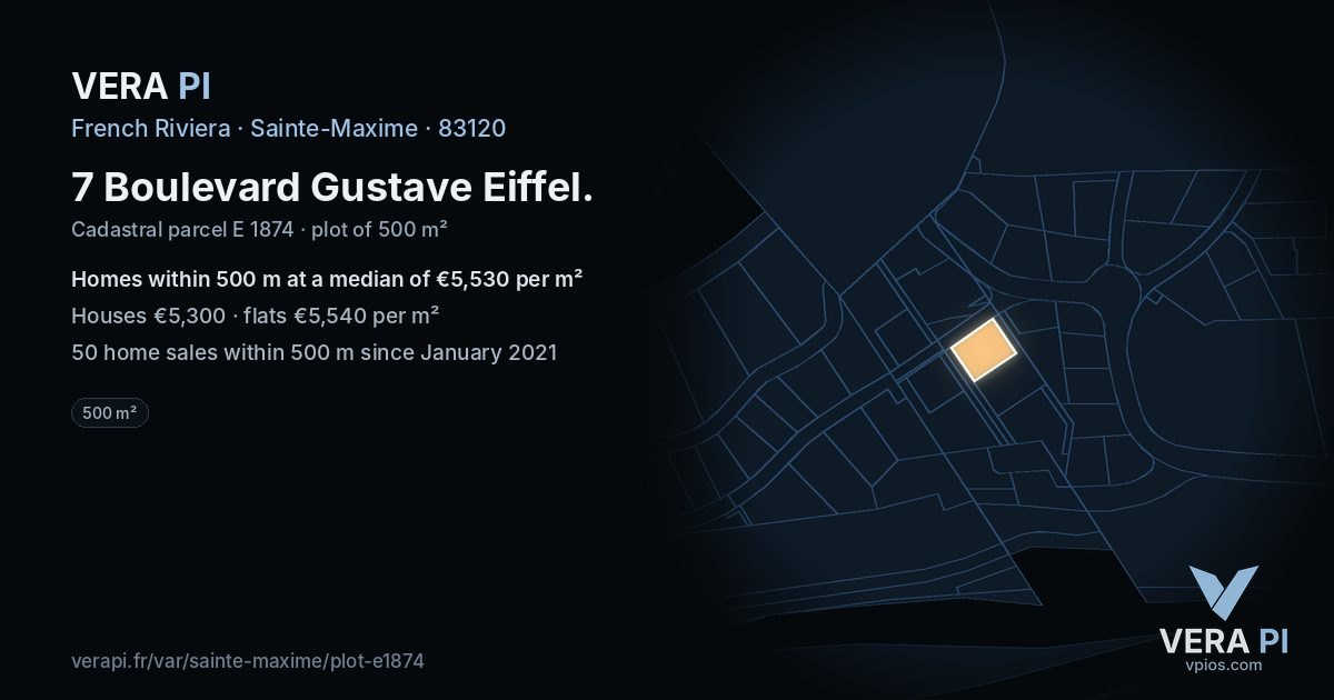 7 Boulevard Gustave Eiffel, Sainte-Maxime at night – the plot lit, the parcels around coloured by the prices near them